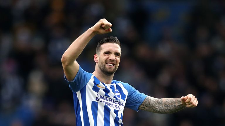 Lewis Dunk celebrates the 2-1 home win over Arsenal at the Amex Stadium on March 4, 2018