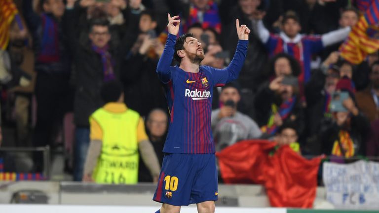Lionel Messi celebrates his second-minute opener against Chelsea