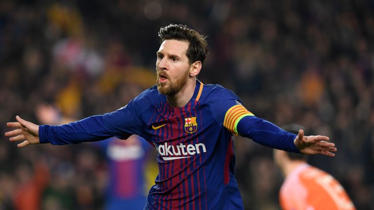 Barcelona's Argentinian forward Lionel Messi celebrates scoring his team's third goal during the UEFA Champions League Round of 16 second leg between Barcelona and Chelsea