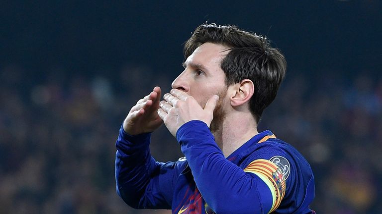 Lionel Messi blows a kiss after scoring Barcelona's third goal during the UEFA Champions League Round of 16, second leg against Chelsea