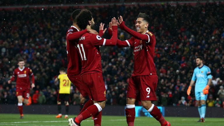 Liverpool's Roberto Firmino and Mo Salah celebrate against Watford