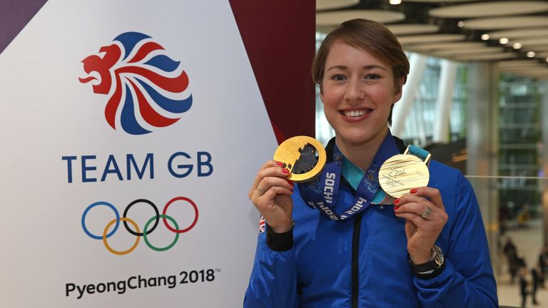 Team GB's Lizzy Yarnold poses with her skeleton gold medals from the Sochi 2014 and PyeongChang 2018 Winter Games