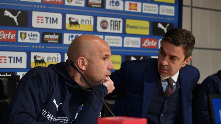 Italy's interim head coach Luigi Di Biagio (L) and FIGC Vice Commissioner Alessandro Costacurta