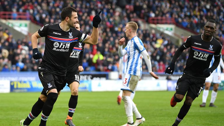 Luka Milivojevic celebrates scoring from the spot for Crystal Palace against Huddersfield