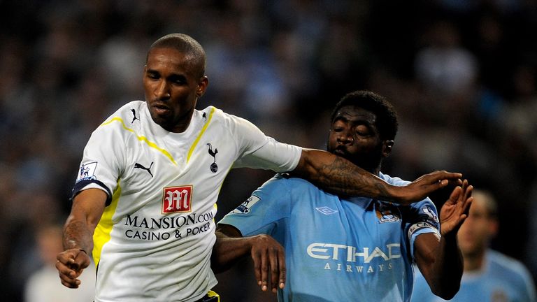 Jermain Defoe and Kolo Toure during the Barclays Premier League match between Manchester City and Tottenham Hotspur at the City of Manchester Stadium on May 5, 2010 in Manchester, England. (Photo by Michael Regan/Getty Images)