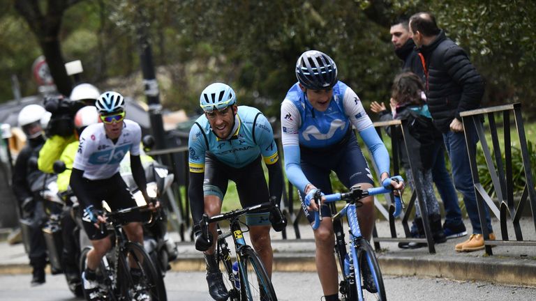  Spain's	Marc Soler, Spain's Omar Fraile and Spain's David De La Cruz ride a breakaway during the 110 km eighth and last stage of the 76th edition of the Paris-Nice cycling race, in and around Nice, on March 11, 2018