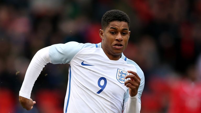 Marcus Rashford in action during the U20 International Friendly match between England and Canada at the Keepmoat Stadium on March 27, 2016