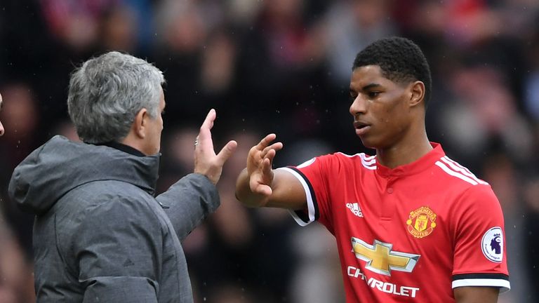 Marcus Rashford and Jose Mourinho during the Premier League match between Manchester United and Liverpool at Old Trafford on March 10, 2018