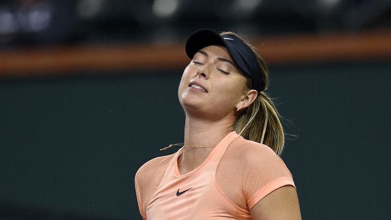 Maria Sharapova of Russia after losing a point against Naomi Osaka of Japan during Day 3 of the BNP Paribas Open on March 7, 2018 in Indian Wells, California.