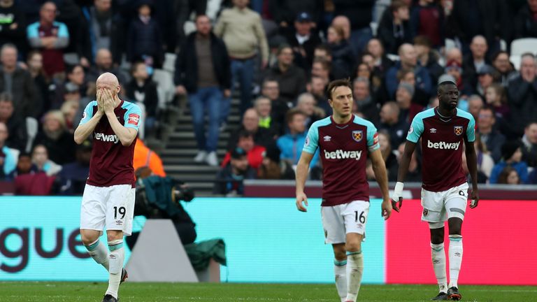 Mark Noble and Cheikhou Kouyate react after Burnley score