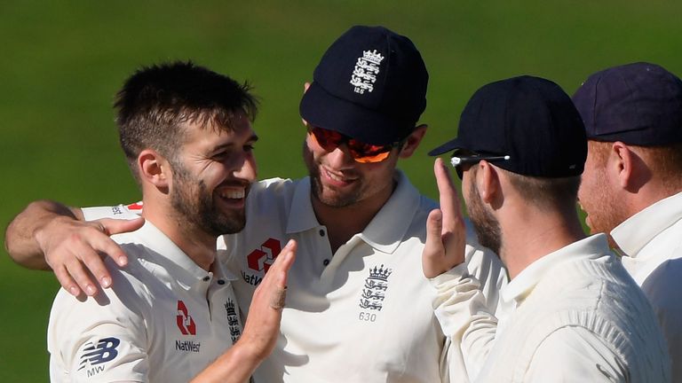 MARCH 14 2018: England bowler Mark Wood is congratulated after taking his second wicket during day one of the Test warm up match between England and New Zealand Cricket XI