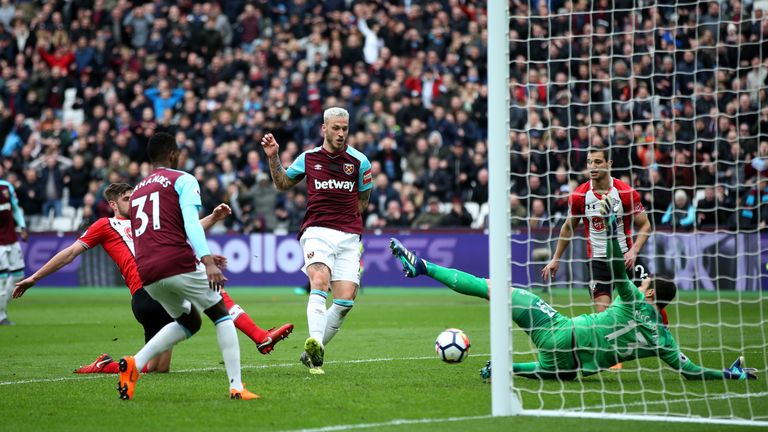 Marko Arnautovic scores for West Ham United for during the Premier League match against Southampton at London Stadium on March 31, 2018