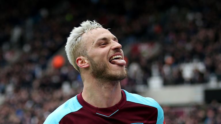 Marko Arnautovic celebrates his goal during the Premier League match between West Ham United and Southampton at London Stadium on March 31, 2018