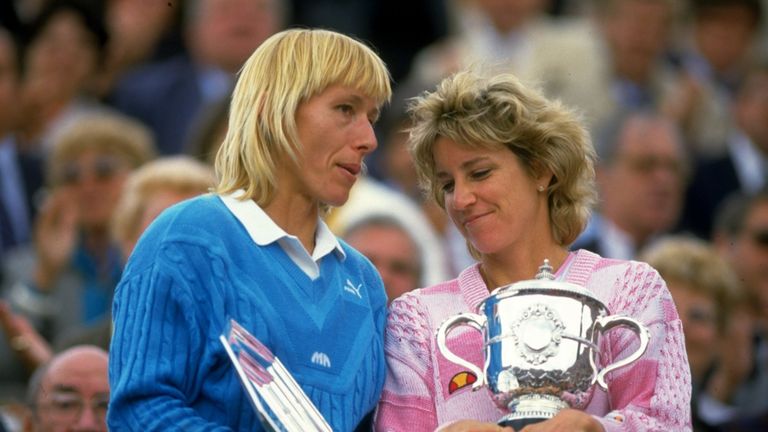 Martina Navratilova (left) of the USA chats with Chris Evert also of the USA as they hold their respective trophies after the Womens Singles final during the French Open at Roland Garros in Paris