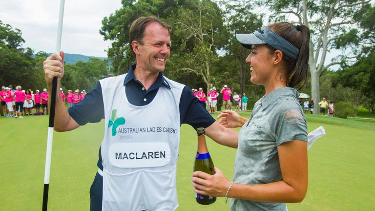04/03/2018. Ladies European Tour 2018: New South Wales Open, Coffs Harbour Golf Club, Coffs Harbour, New South Wales, Australia. March 1-4 2018. Meghan Maclaren of England celebrates with her father David Maclaren. Credit: Tristan Jones