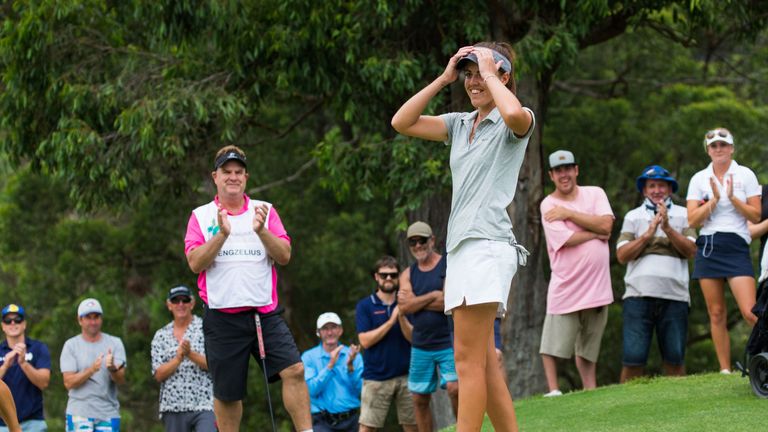 04/03/2018. Ladies European Tour 2018: New South Wales Open, Coffs Harbour Golf Club, Coffs Harbour, New South Wales, Australia. March 1-4 2018. Meghan Maclaren of England reacts to holing the winning putt. Credit: Tristan Jones