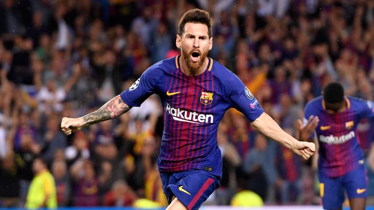 BARCELONA, SPAIN - SEPTEMBER 12:  Lionel Messi of Barcelona celebrates scoring his sides first goal during the UEFA Champions League Group D match between FC Barcelona and Juventus at Camp Nou on September 12, 2017 in Barcelona, Spain.  (Photo by Alex Caparros/Getty Images)