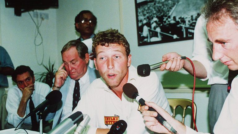 25 JUL 1994: ENGLAND CRICKET CAPTAIN, MICHAEL ATHERTON ANSWERS QUESTIONS ABOUT ALLEGED 'BALL TAMPERING' AT A PRESS CONFERENCE DURING ENGLAND's FIRST TEST AGAINST SOUTH AFRICA AT LORDS
