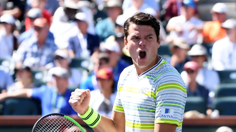 Milos Raonic of Canada celebrates match point over Sam Querrey of the United States in the quarterfinal during the BNP Paribas Open at the Indian Wells Tennis Garden on March 16, 2018 in Indian Wells, California