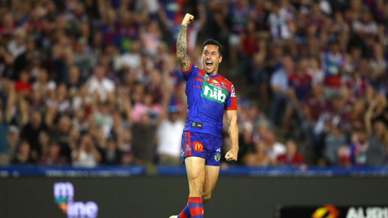 Mitchell Pearce celebrates his Golden Point drop-goal