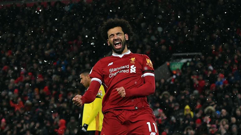 Mo Salah celebrates after scoring against Watford on Saturday