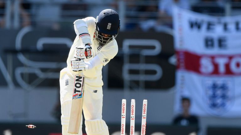Moeen Ali is bowled on day one of the first Test against New Zealand