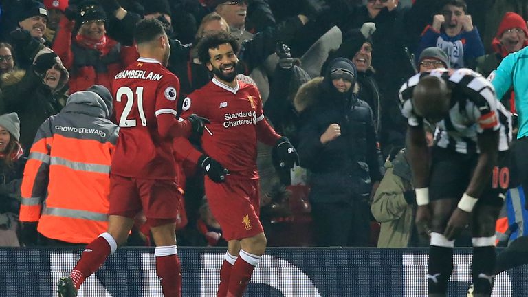 Mohamed Salah celebrates with Alex Oxlade-Chamberlain after giving Liverpool the lead
