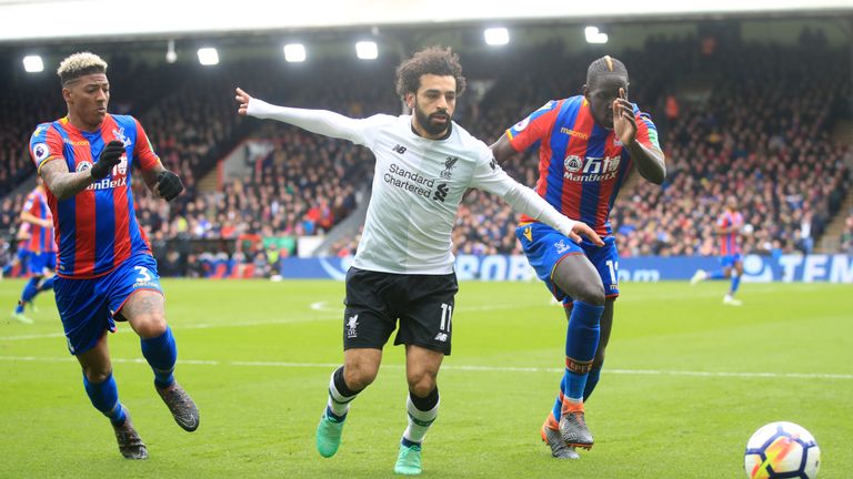 Liverpool's Mohamed Salah in action against Crystal Palace's Patrick van Aanholt (left) and Mamadou Sakho during the Premier League match at Selhurst Park