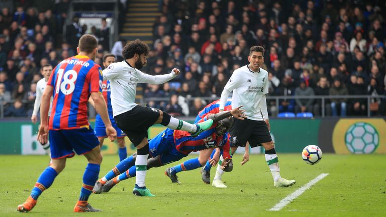 Liverpool&#39;s Mohamed Salah scores his side&#39;s second goal of the game during the Premier League match against Crystal Palace at Selhurst Park