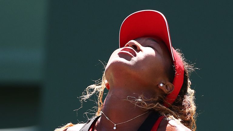 Naomi Osaka of Japan reacts to a lost point against Elina Svitolina of the Ukraine during Day 5 of the Miami Open at the Crandon Park Tennis Center on March 23, 2018 in Key Biscayne, Florida