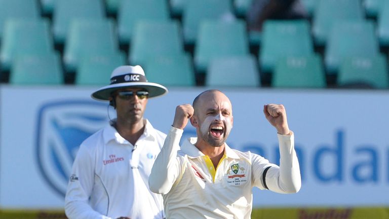 DURBAN, SOUTH AFRICA - MARCH 02: Nathan Lyon of Australia celebrates the wicket of Quinton de Kock of the Proteas during day 2 of the 1st Sunfoil Test match between South Africa and Australia at Sahara Stadium Kingsmead on March 02, 2018 in Durban, South Africa. (Photo by Lee Warren/Gallo Images)