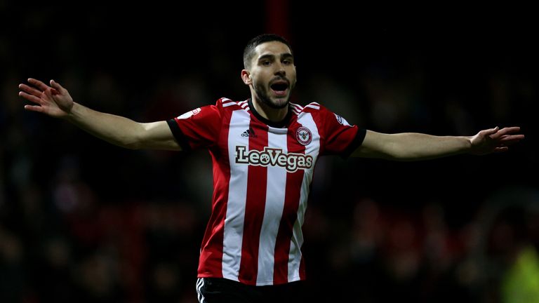 Neal Maupay celebrates scoring for Brentford against Cardiff