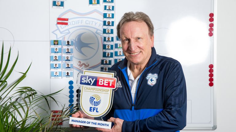 Cardiff City Manager Neil Warnock is presented with the Sky Bet Championship Manager of the Month Award for February 2018 - Rogan/JMP - 08/03/2018 - FOOTBALL - Vale Pavilion, Hensol Park - Glamorgan, Wales.