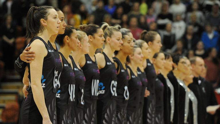 New Zealand players sing the national anthem before the International Test match between the New Zealand Silver Ferns and the England Roses at Pettigrew Green Arena on September 10, 2017 in Napier, New Zealand.