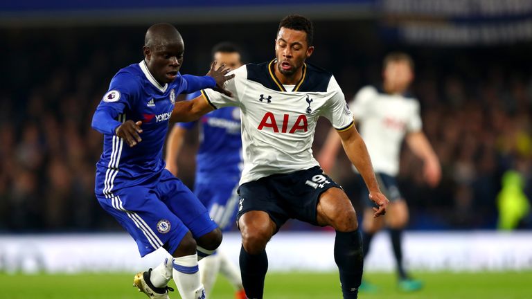 N'Golo Kante and Mousa Dembele during the Premier League match between Chelsea and Tottenham at Stamford Bridge on November 26, 2016