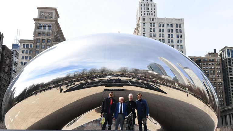 Nick Kyrgios of Australia, Rod Laver, John McEnroe and Roger Federer of Switzerland pose at Cloud Gate before the Laver Cup 2018 Chicago Launch on March 19, 2018 in Chicago, Illinois