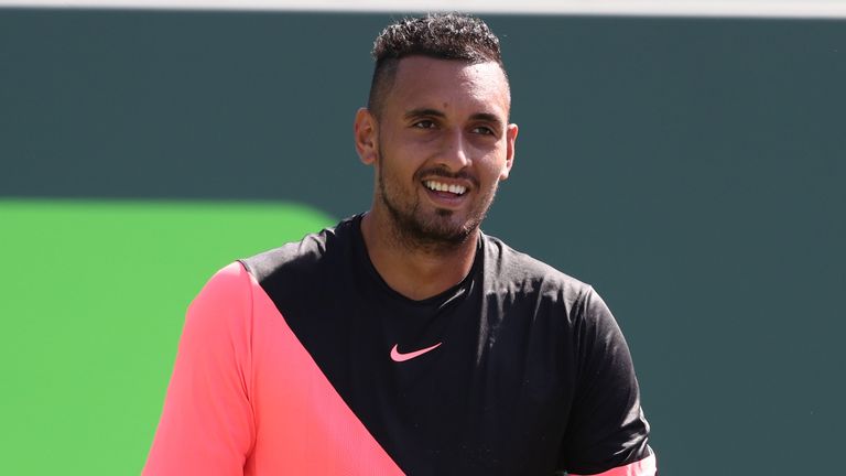 Nick Kyrgios of Australia looks on during his match against Fabio Fognini of Italy during Day 8 of the Miami Open at the Crandon Park Tennis Center on March 26, 2018 in Key Biscayne, Florida