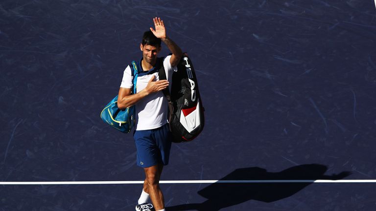 Novak Djokovic of Serbia waves to the fans after losing his match against Taro Daniel of Japan during the BNP Paribas Open at the Indian Wells Tennis Garden of the Czech Republic on March 11, 2018 in Indian Wells, California