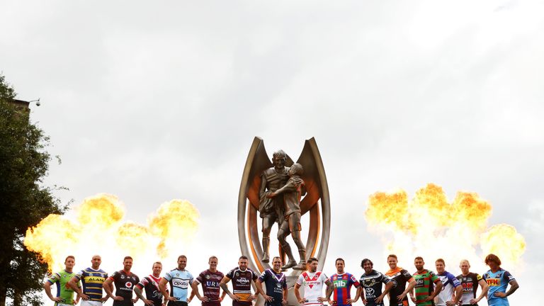 Players from all clubs pose during the 2018 NRL season launch 