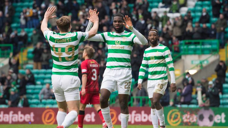 Celtic's Odsonne Edouard (centre) celebrates his goal with James Forrest