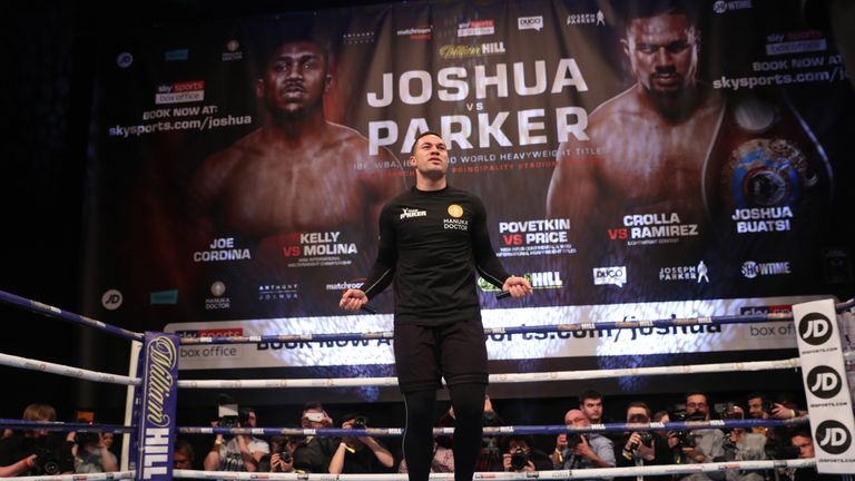 JOSHUA -PARKER PROMOTION.OPEN WORK OUTS.ST DAVIDS HALL,.CARDIFF,WALES.PIC LAWRENCE LUSTIG.WBO HEAVYWEIGHT CHAMPION JOSEPH PARKER PERFORMS A WORKOUT AHEAD OF HIS FIGHT ON EDDIE HEARNS MATCHROOM PROMOTION AT THE PRINCIPALITY STADIUM, CARDIFF ON SATURDAY(MARCH 31ST)