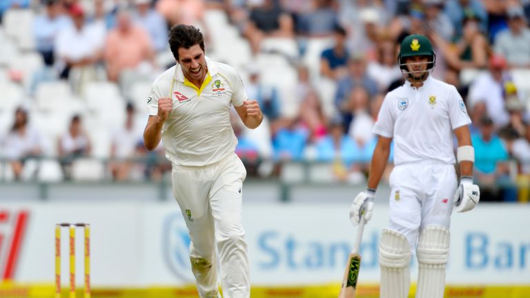 Pat Cummins of Australia celebrates after taking the wicket to dismiss Dean Elgar of South Africa during day 3 of the 3rd Sunfoil Test match between South Africa and Australia at PPC Newlands on March 24, 2018 in Cape Town, South Africa. (Photo by Ashley Vlotman/Gallo Images)