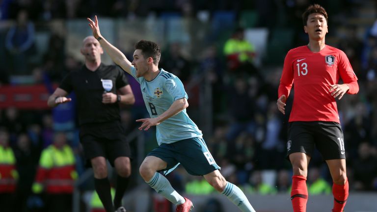 Paul Smyth celebrates after scoring for Northern Ireland against South Korea