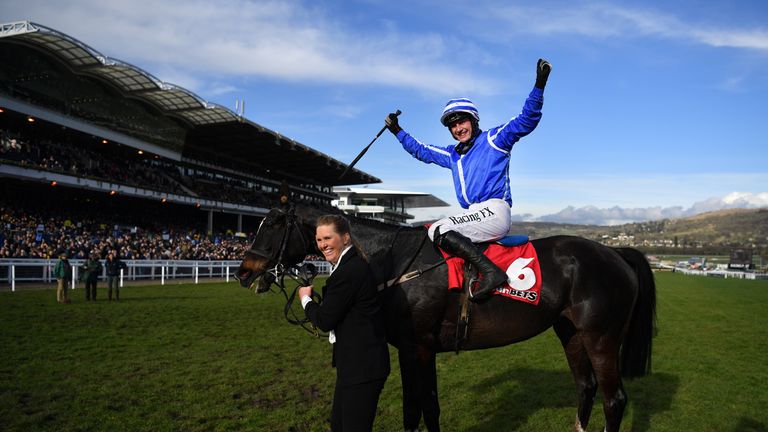 Paul Townend celebrates on Penhill after victory in the Sun Bets Stayers Hurdle 