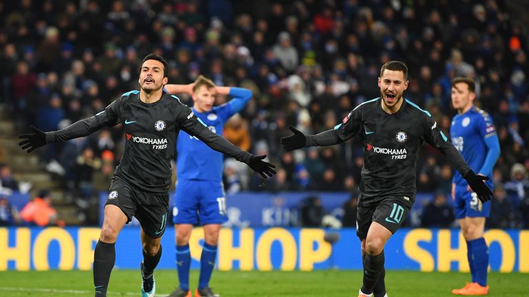 Pedro of Chelsea celebrates as he scores their second goal with Eden Hazard during The Emirates FA Cup Quarter Final match between Leicester City and Chelsea at The King Power Stadium on March 18, 2018 in Leicester, England.
