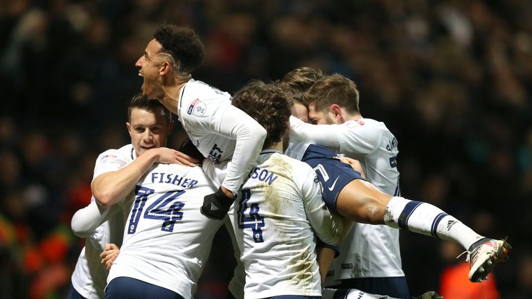 Preston North End's Alan Browne (hidden) celebrates scoring his side's first goal of the game during the Sky Bet Championship match at Deepdale, Preston. PRESS ASSOCIATION Photo. Picture date: Tuesday March 6, 2018. See PA story SOCCER Preston. Photo credit should read: Nigel French/PA Wire. RESTRICTIONS: EDITORIAL USE ONLY No use with unauthorised audio, video, data, fixture lists, club/league logos or "live" services. Online in-match use limited to 75 images, no video emulation. No use in betting, games or single club/league/player publications.