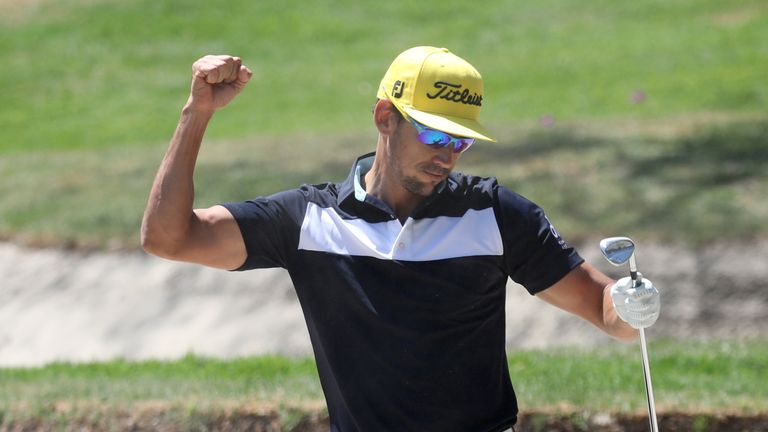 Rafa Cabrera Bello celebrates after holing a bunker shot for an eagle on the first during the final round of the WGC-Mexico Championship 