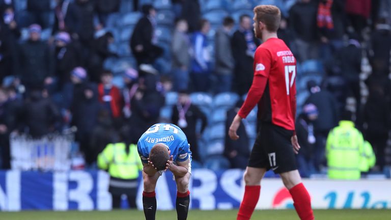 GLASGOW, SCOTLAND - MARCH 17:  Greg Docherty of Rangers reacts at full time during the Ladbrokes Scottish Premiership match between Rangers and Kilmarnock at Ibrox Stadium on March 17, 2018 in Glasgow, Scotland. (Photo by Ian MacNicol/Getty Images).