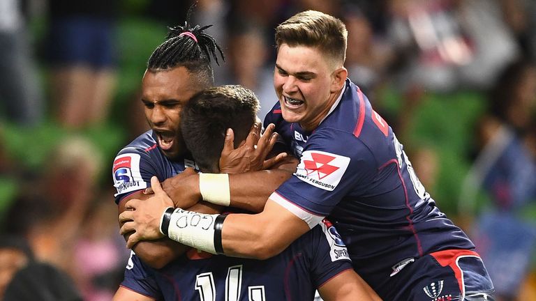 MELBOURNE, AUSTRALIA - MARCH 09:  Jack Maddocks of the Rebels is congratulated by team mates after scoring a try during the round four Super Rugby match between the Rebels and the Brumbies at AAMI Park on March 9, 2018 in Melbourne, Australia.  (Photo by Quinn Rooney/Getty Images)