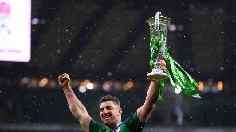 Rob Kearney of Ireland celebrates with the Six Nations trophy